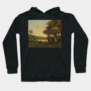 Tranquil Landscape Painting - Classic French Artwork with Trees, Water, and Hills Hoodie